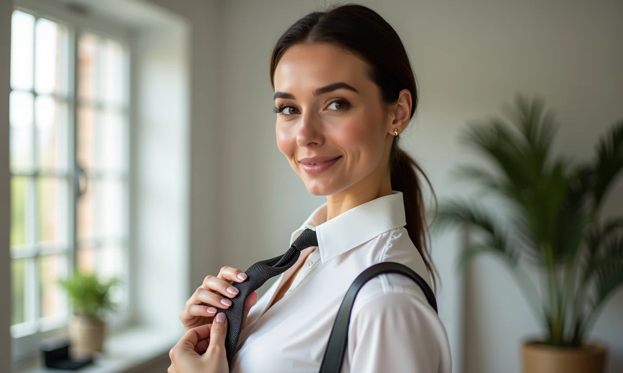 Mulher elegante mostrando uma mini gravata infantil e camisa social em seu estúdio.