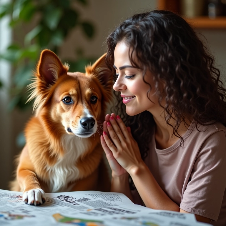 Mulher elogiando cachorro no jornal