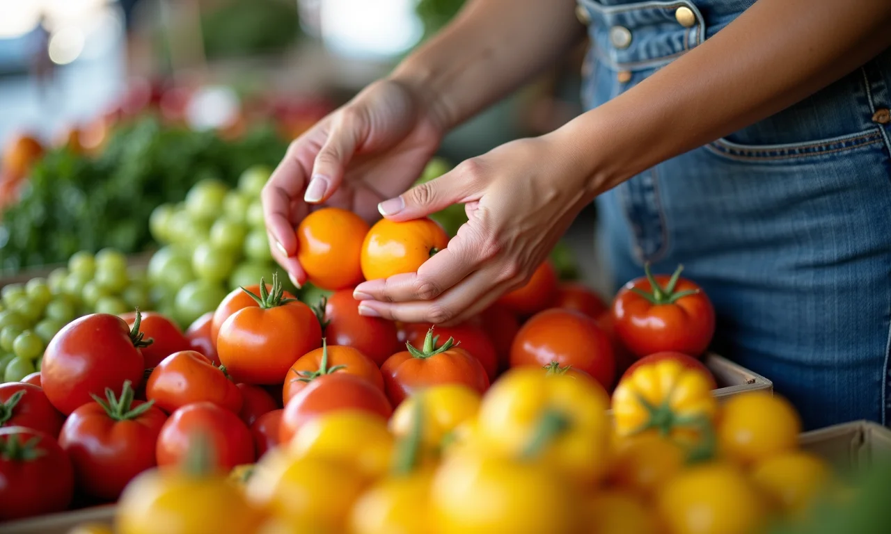 Mulher escolhendo bacuparis frescos em uma feira, com frutas coloridas.