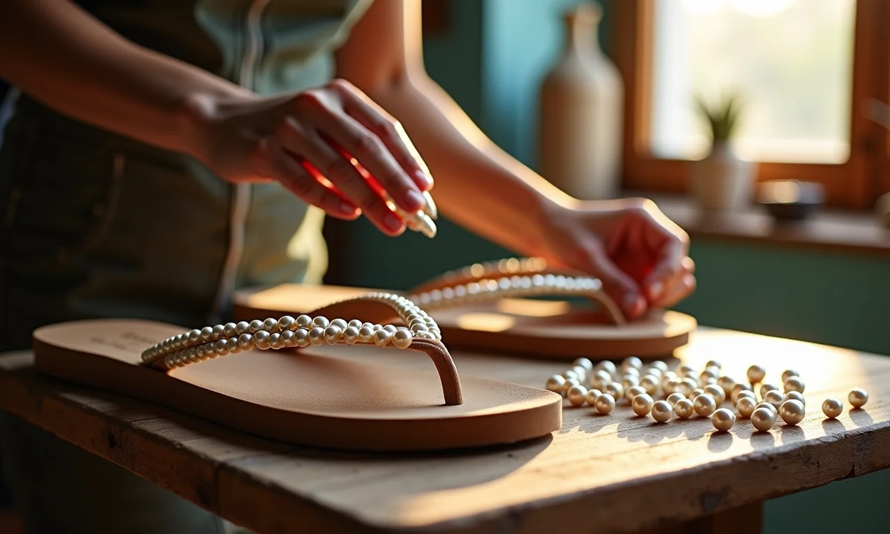 Mulher escolhendo design de pérolas para customizar chinelo.