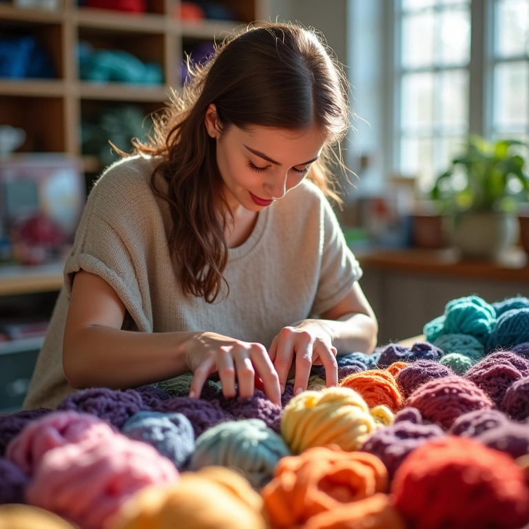 Mulher escolhendo fios coloridos para seu vestido de tricô em estúdio iluminado.