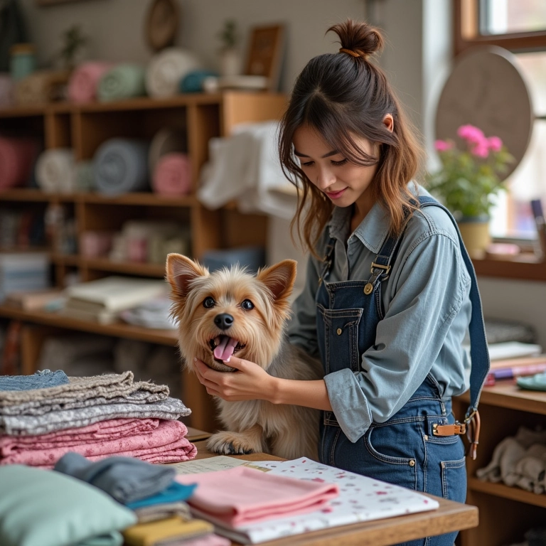 Mulher escolhendo materiais para bolsa de cachorro.