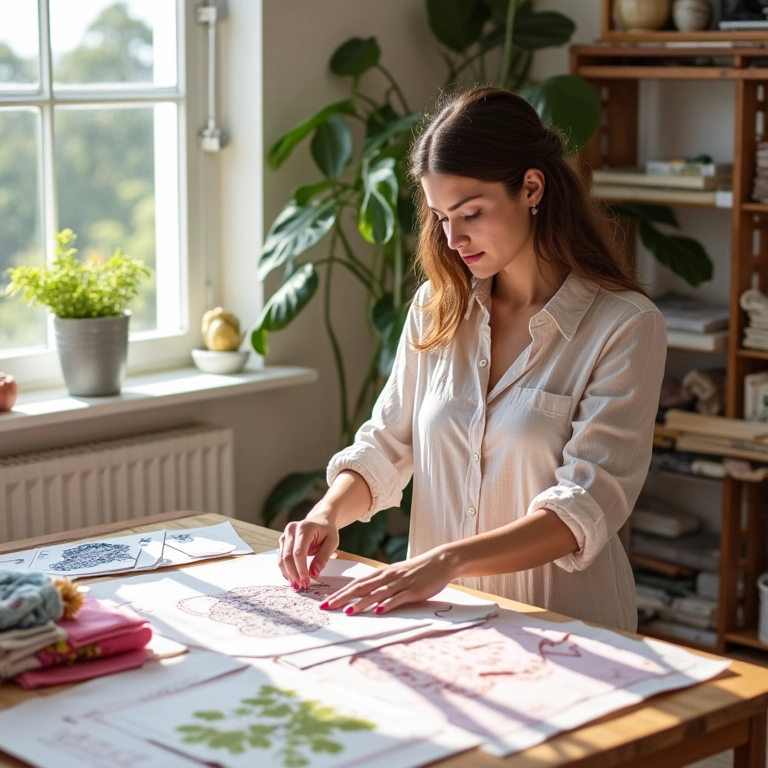 Mulher escolhendo modelo de vestido de princesa em ateliê iluminado.