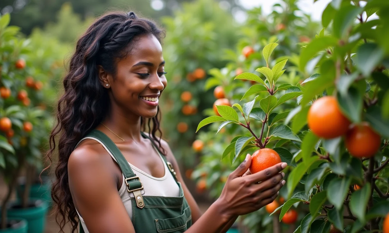 Mulher escolhendo mudas de árvores frutíferas em viveiro.