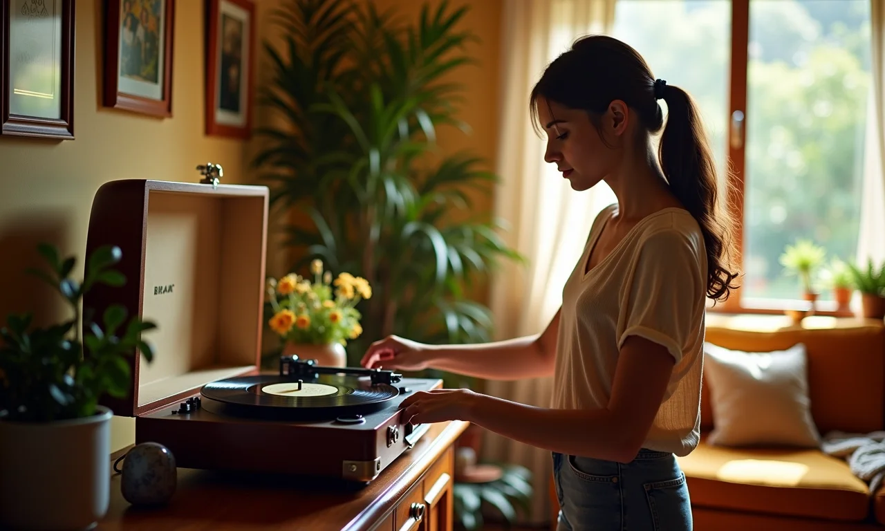 Mulher escolhendo música para o brunch em um toca-discos vintage em uma sala com decoração brasileira.