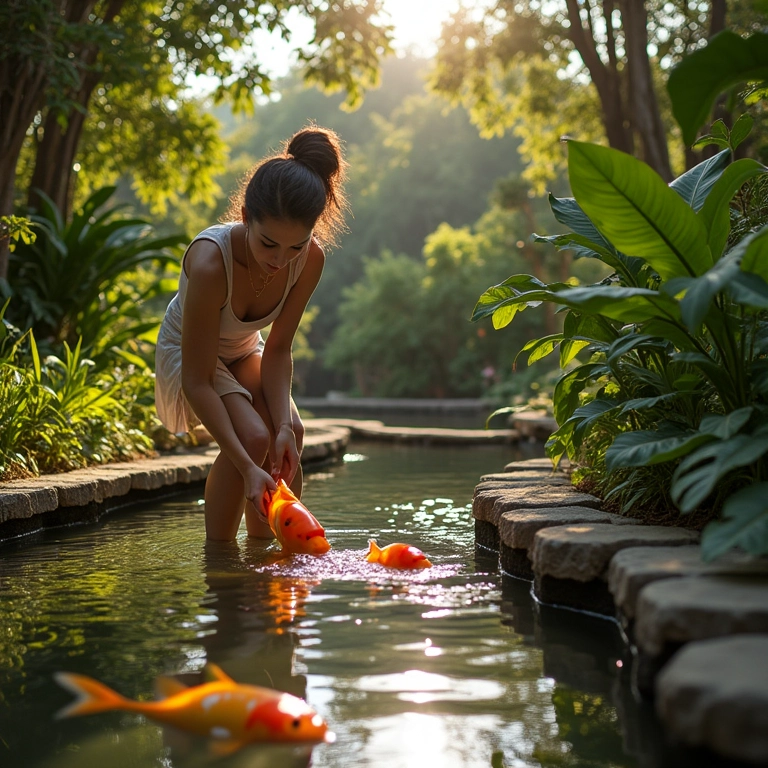 Mulher escolhendo o local ideal para um lago de carpas no quintal.