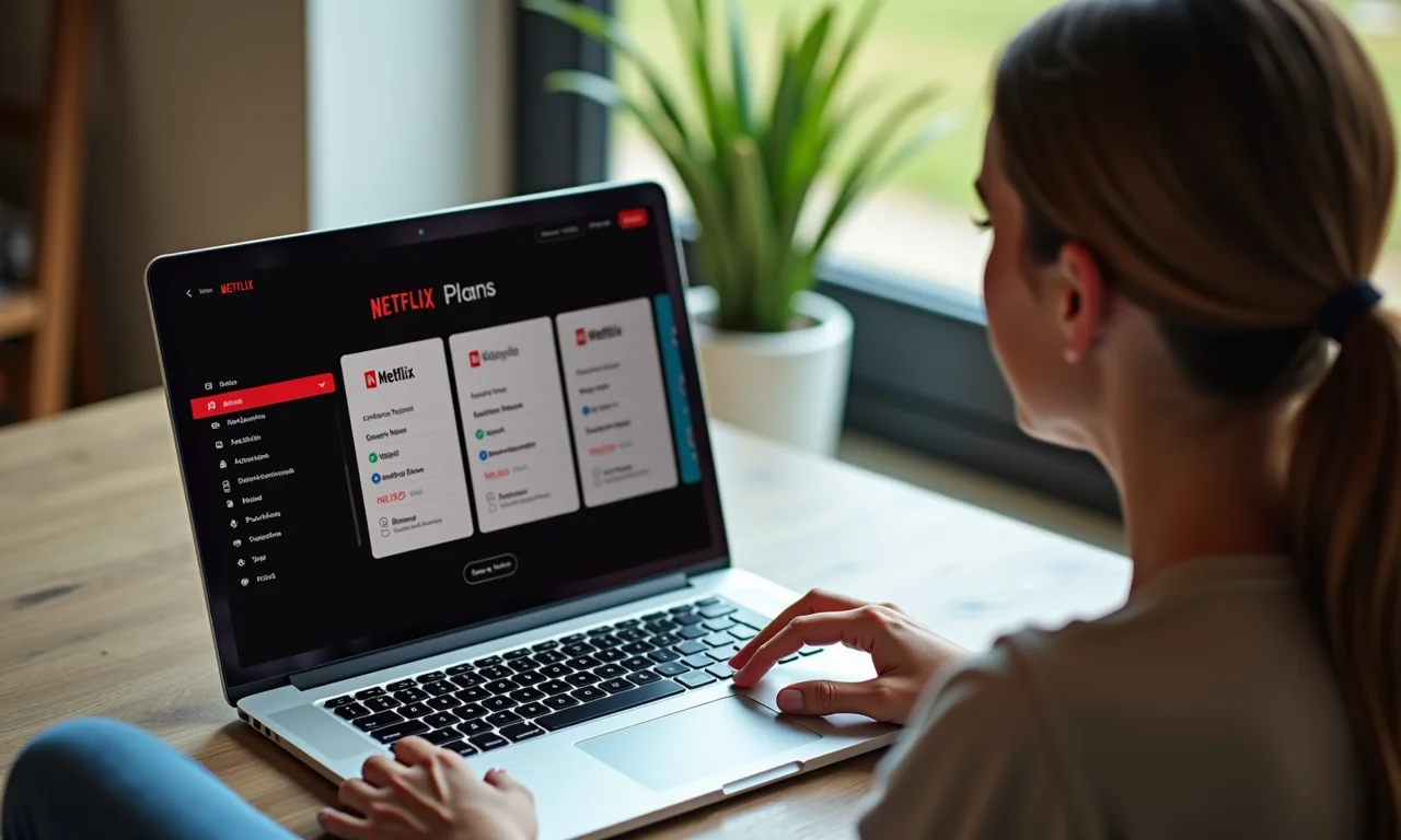 Mulher escolhendo o plano ideal da Netflix em seu laptop.