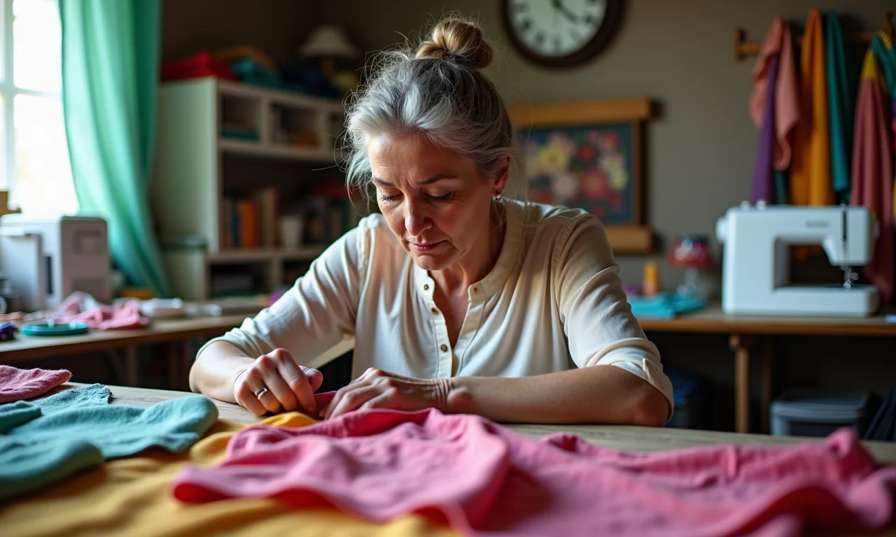 Mulher escolhendo tecidos para a roupa da Emília