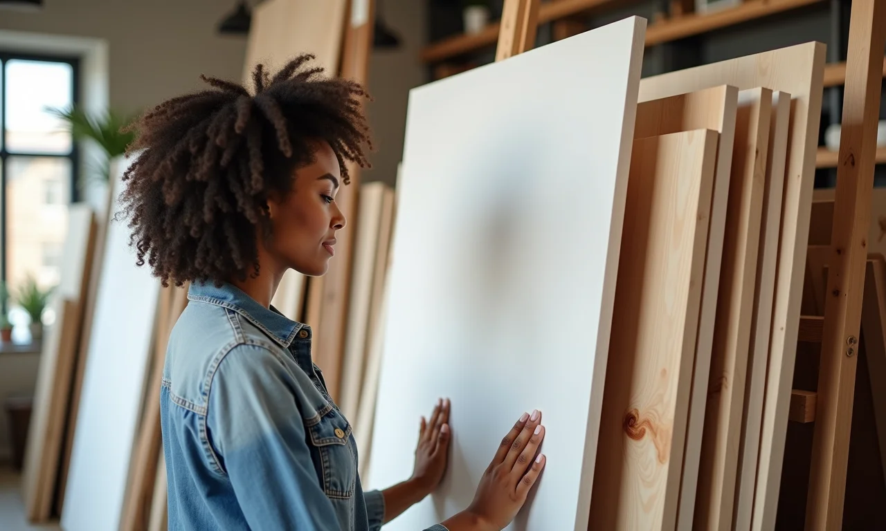 Mulher escolhendo telas e MDF para projeto de arte.