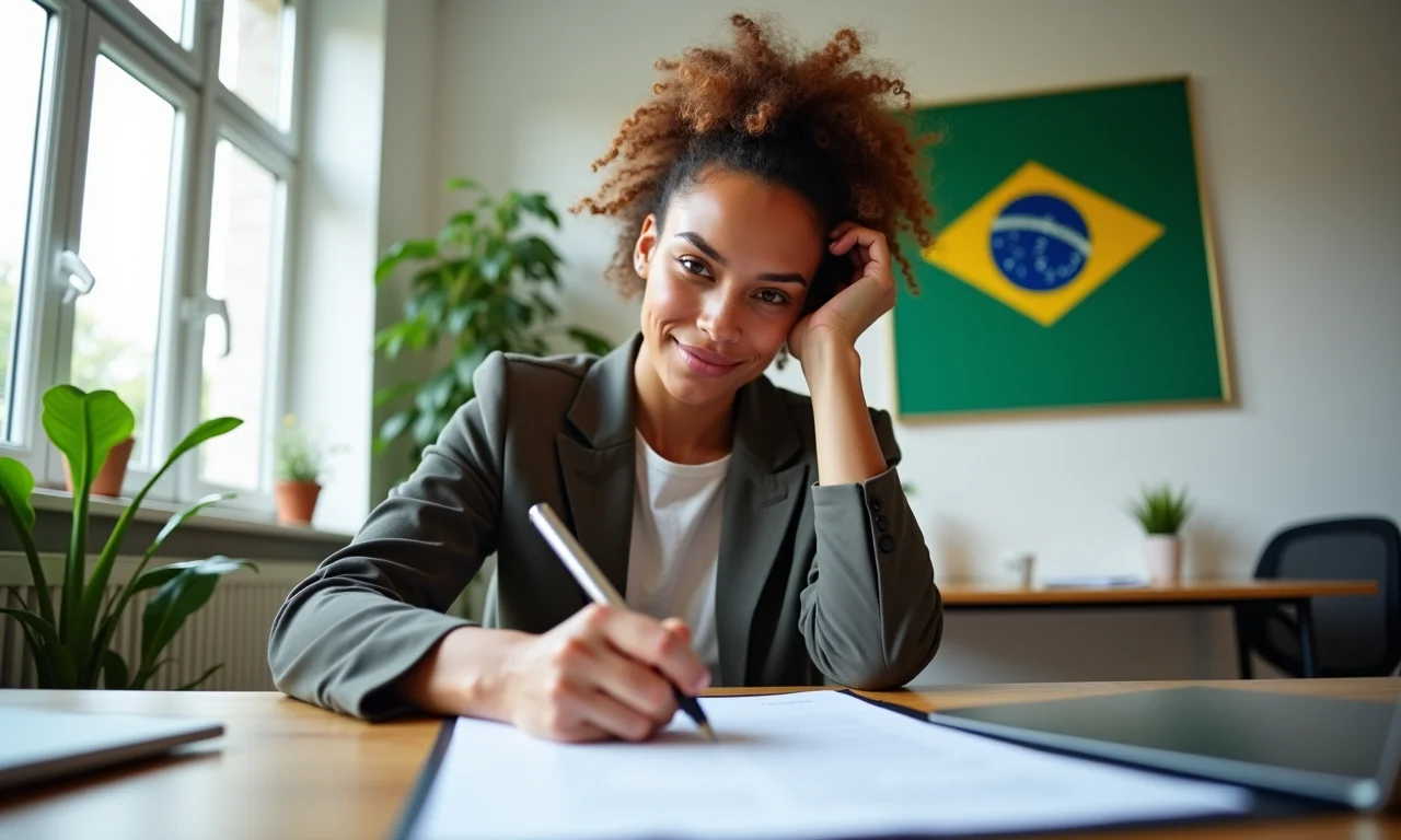 Mulher escrevendo com confiança o objetivo profissional no currículo.