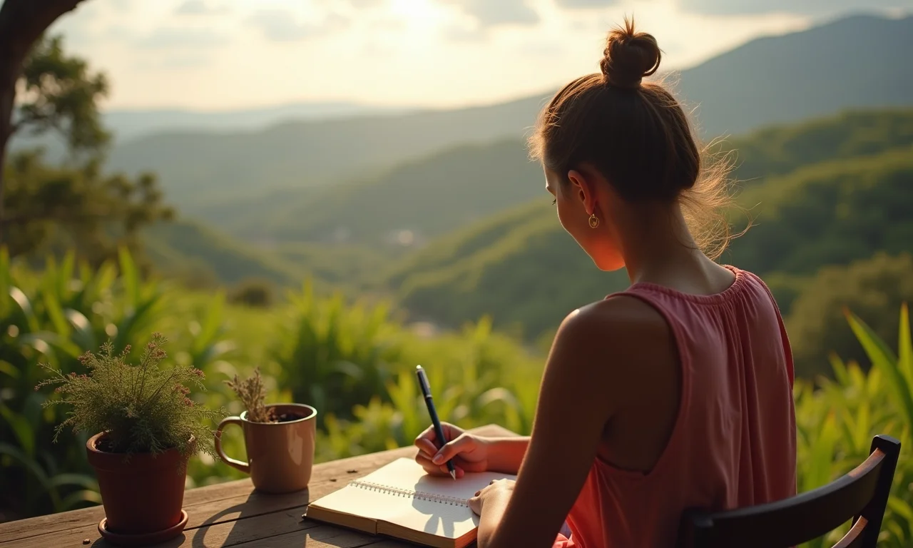 Mulher escrevendo em um caderno com vista para uma paisagem brasileira.