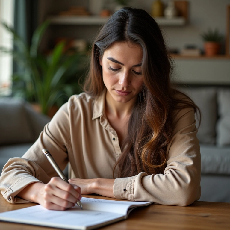 Mulher escrevendo metas financeiras em um planner.