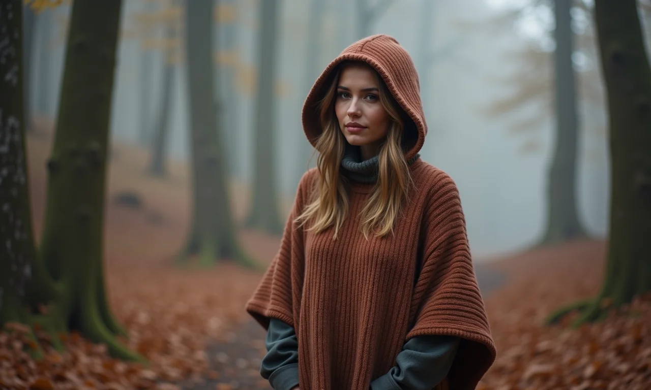 Mulher estilosa usando um poncho com capuz em uma floresta.
