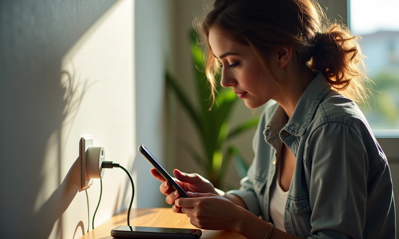 Mulher evitando carregar o celular na porta USB do computador.