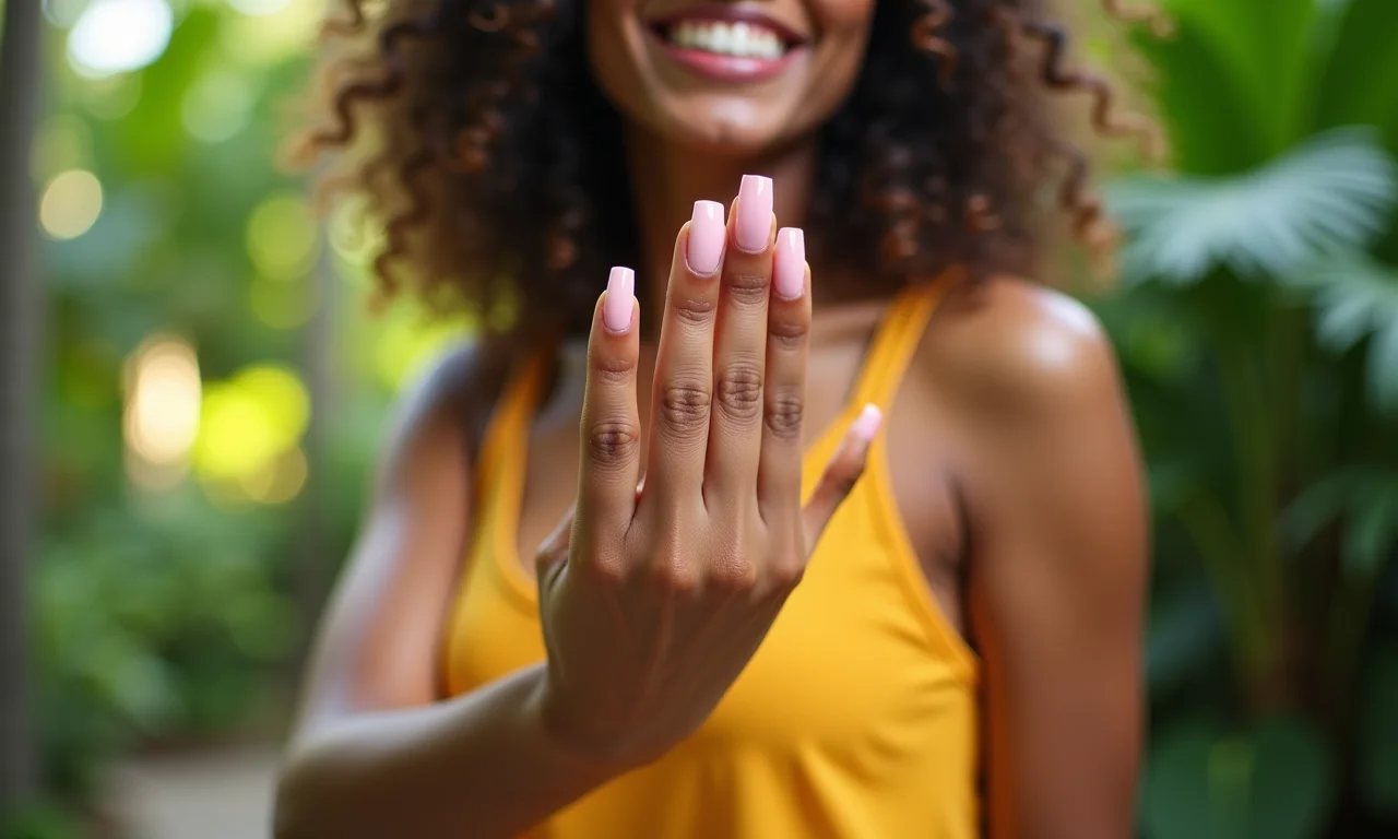 Mulher exibindo unhas de gel perfeitas com jardim tropical ao fundo.