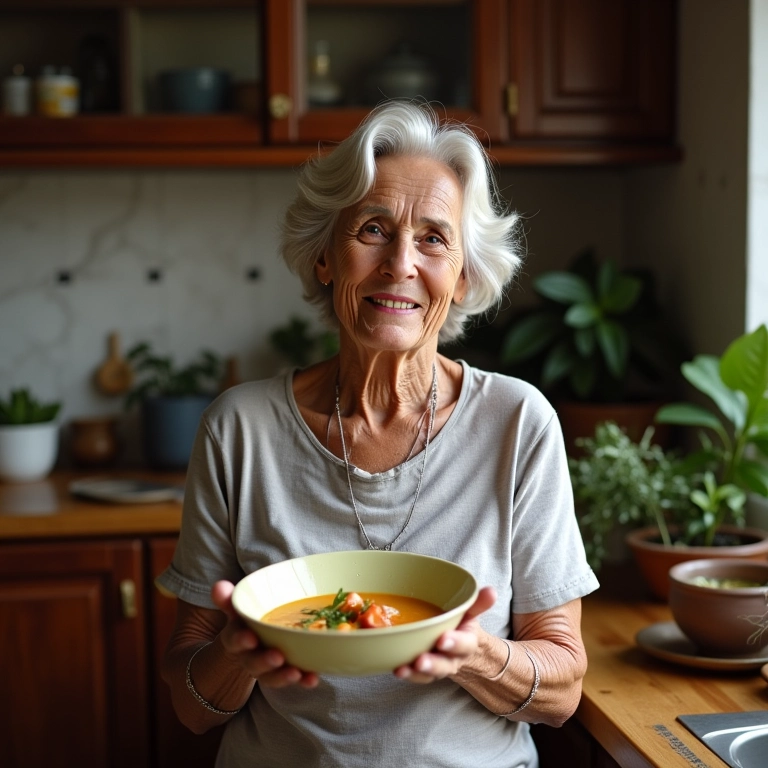 Mulher experiente segurando uma tigela de canja.