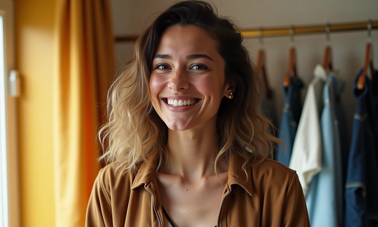 Mulher experimentando roupas diferentes, algumas não convencionais, sorrindo apesar de alguns 'erros de moda'.