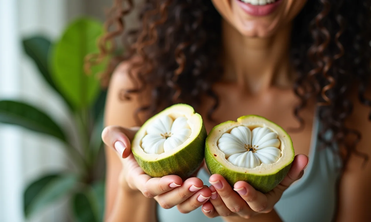 Mulher explicando os benefícios da graviola para a saúde enquanto segura a fruta.