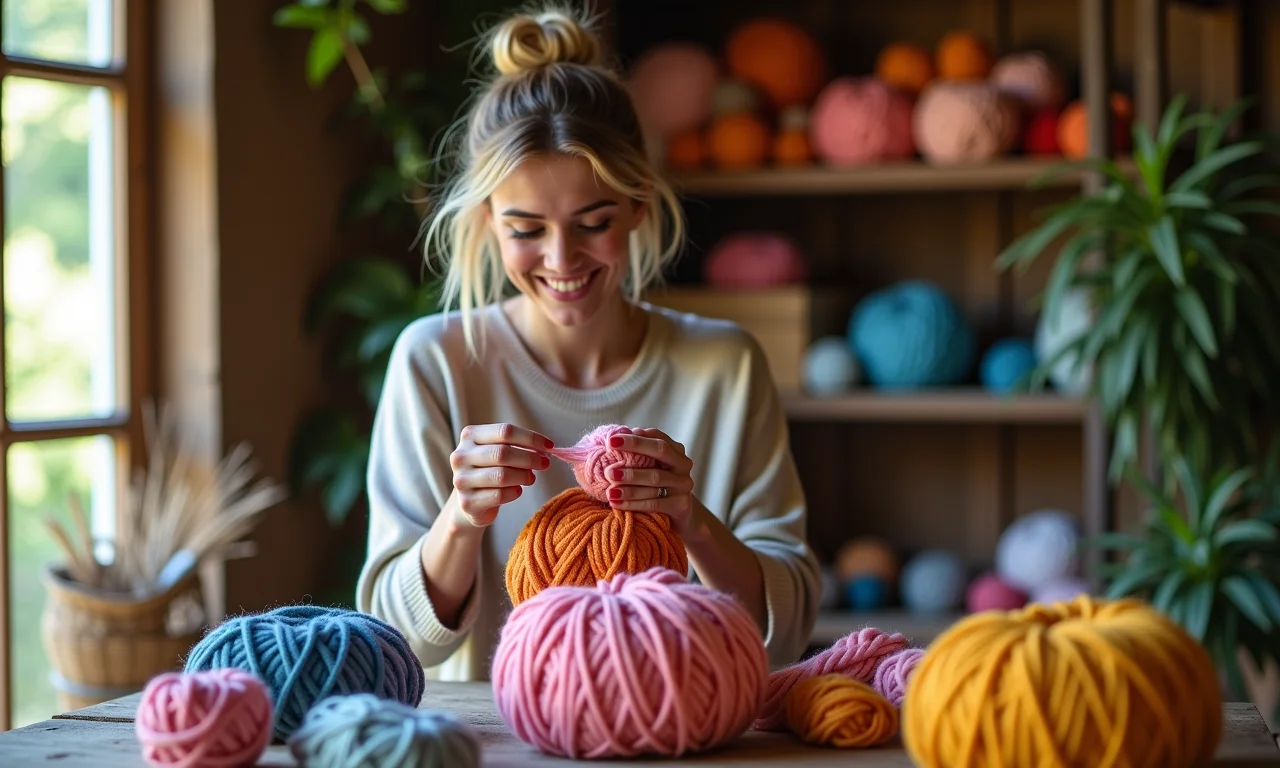 Mulher fazendo pompom com lã Pingouin.
