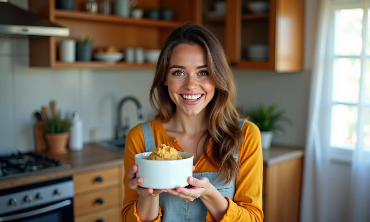 Mulher feliz com pudim de microondas.