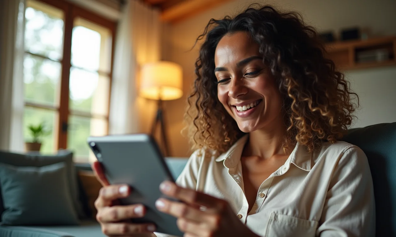 Mulher feliz fazendo videochamada com família usando GoFundMe em casa brasileira moderna.