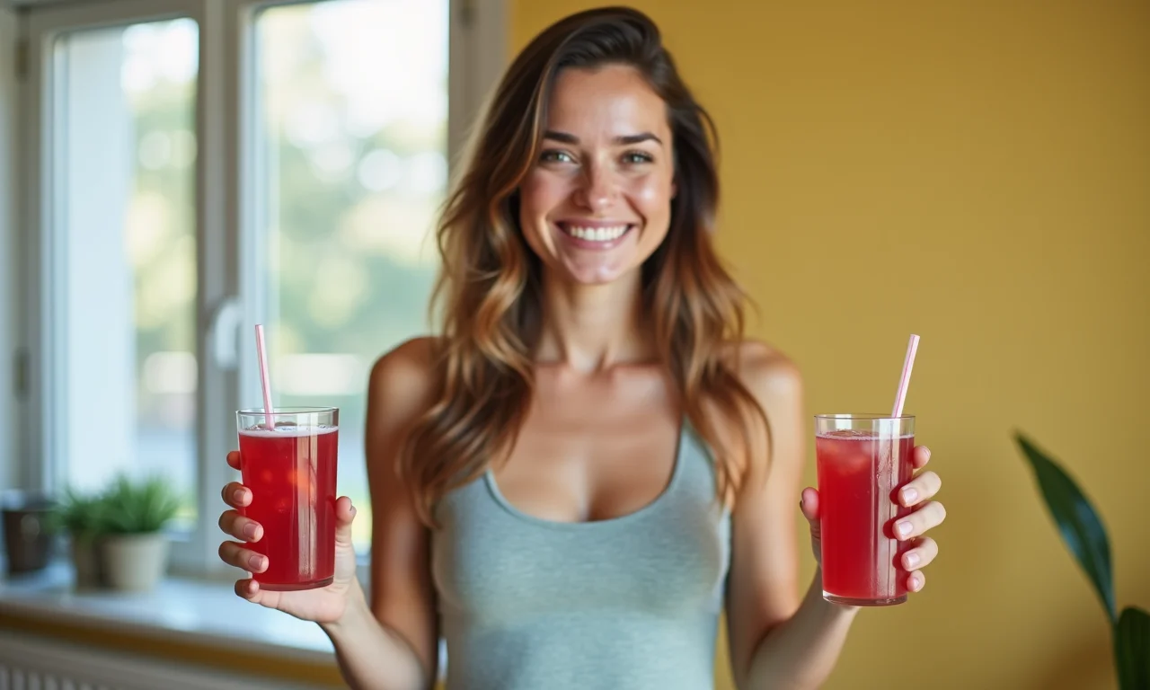 Mulher feliz mostrando resultados da dieta da água.