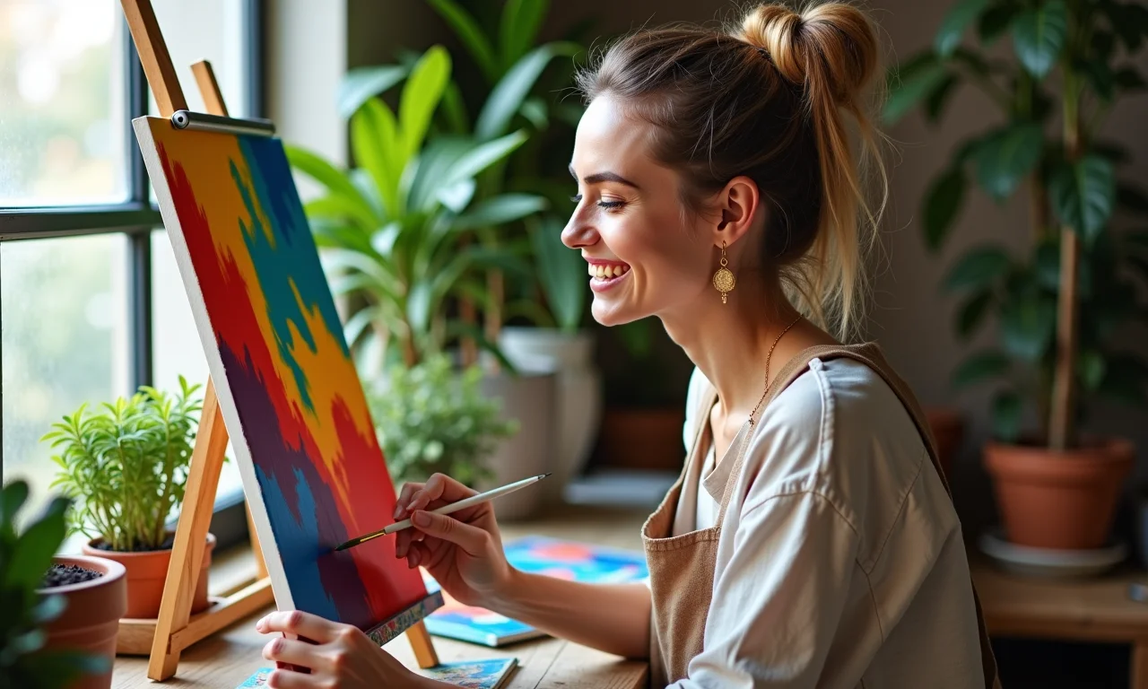 Mulher focada em um novo hobby como forma de autocuidado e distração.