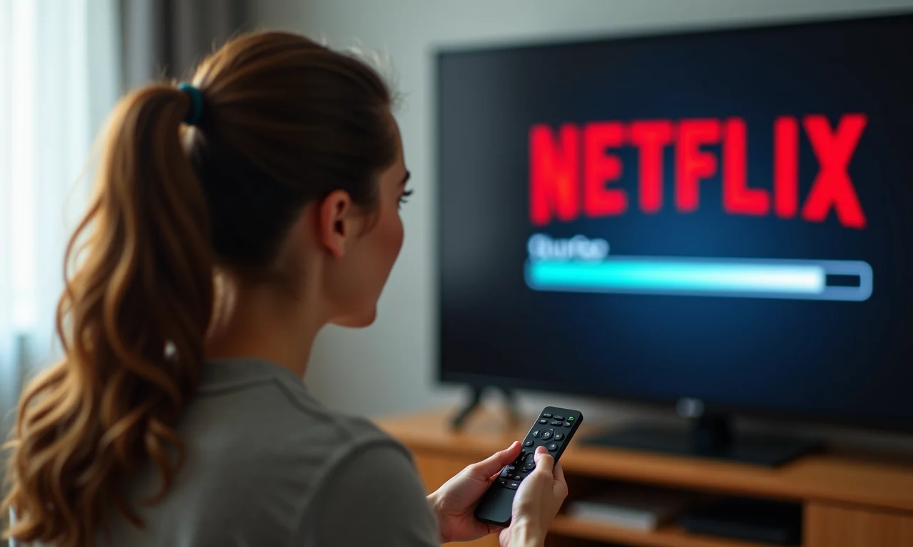 Mulher frustrada com problemas de travamento na Netflix.