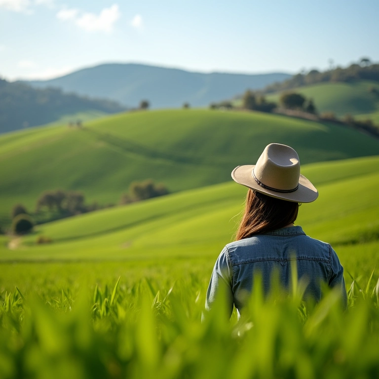 Mulher inspecionando terreno ideal para sítio em Minas Gerais, com colinas e fazenda ao fundo.