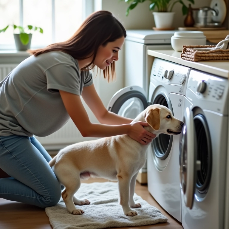 Mulher lavando a capa da caminha de cachorro na máquina de lavar.