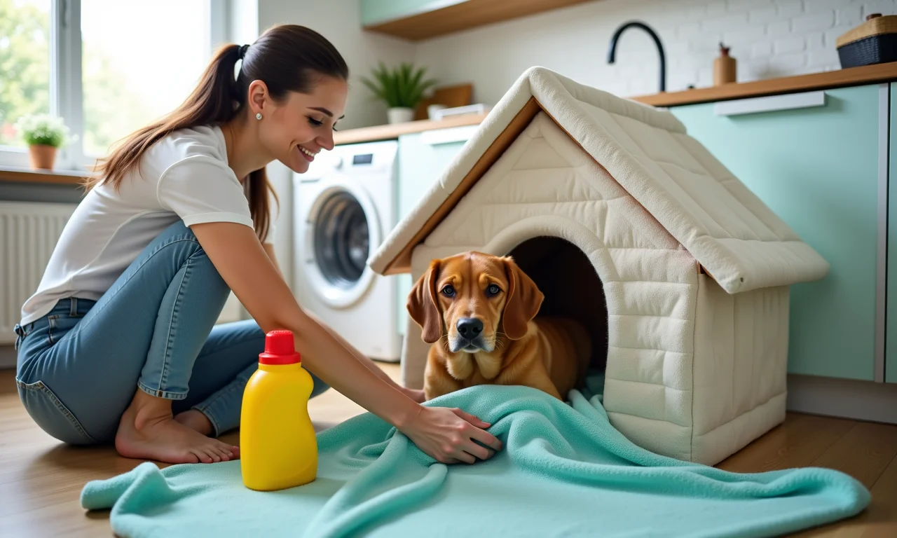 Mulher lavando casinha de pano na máquina de lavar.