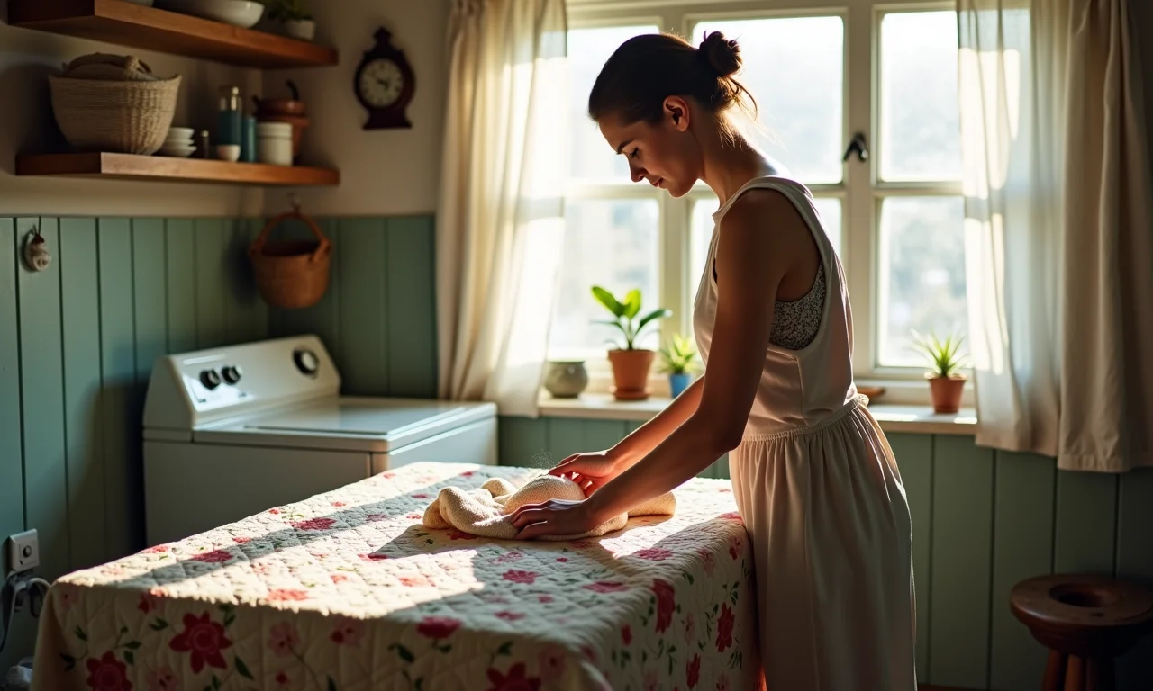 Mulher lavando colcha feita à mão em lavanderia vintage.