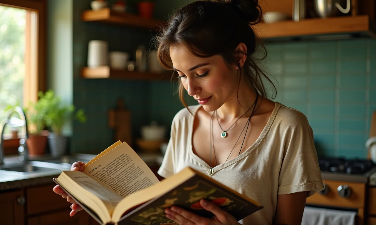 Mulher lendo receita de butter chicken em livro de culinária vintage.