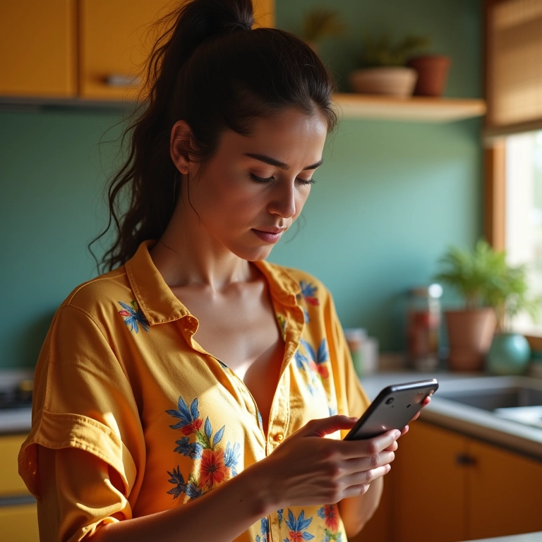 Mulher limpando cache do celular na cozinha brasileira.