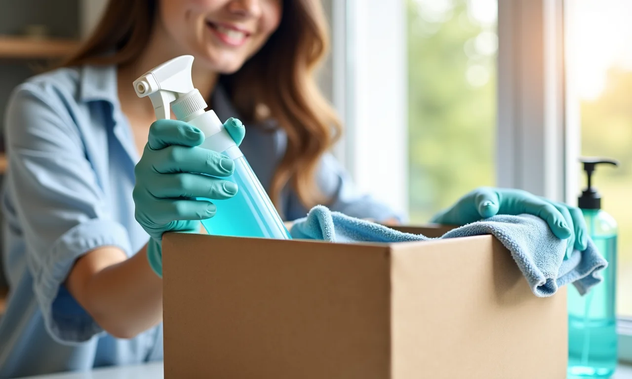 Mulher limpando caixa organizadora de papelão com pano e produto.