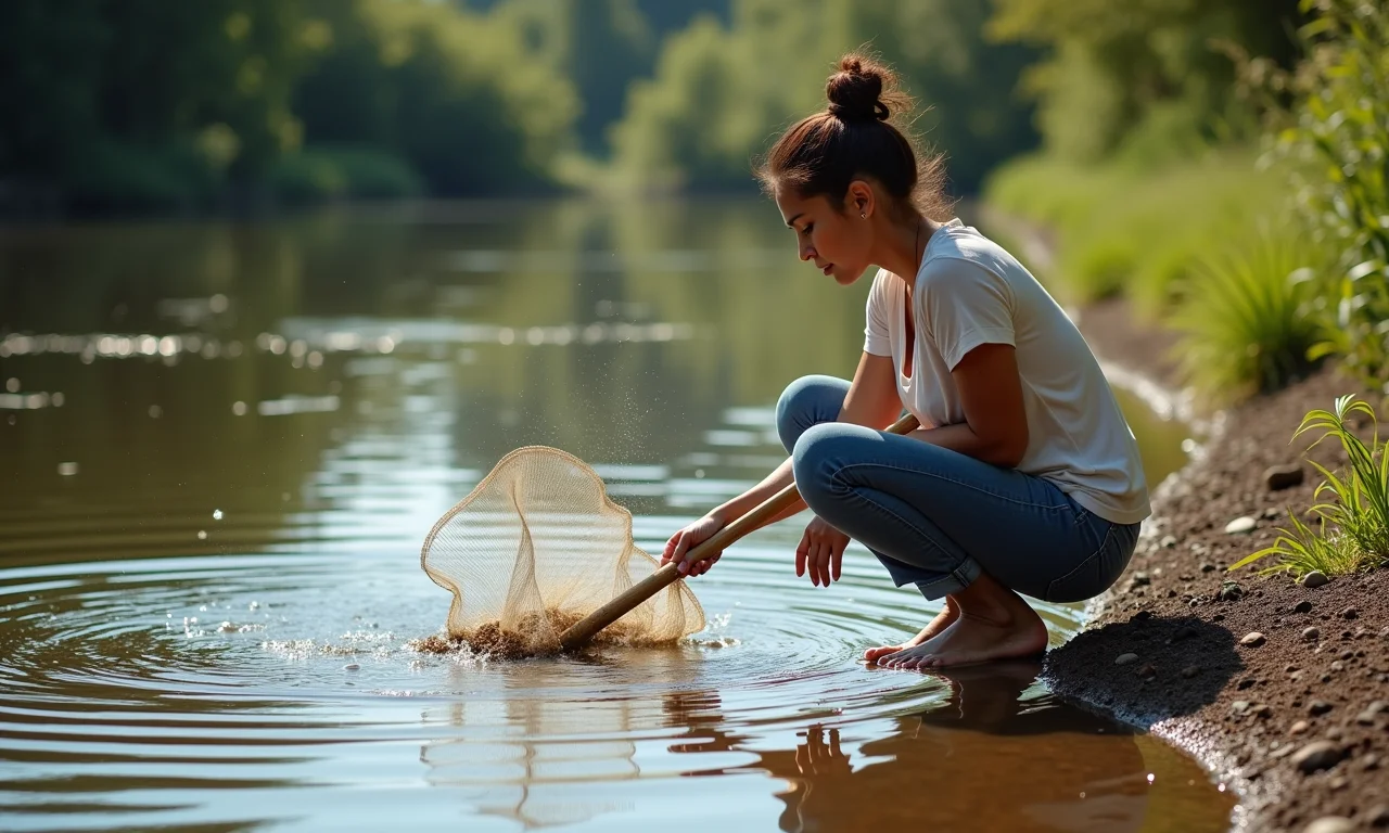 Mulher limpando laguinho com rede, removendo detritos com cuidado.