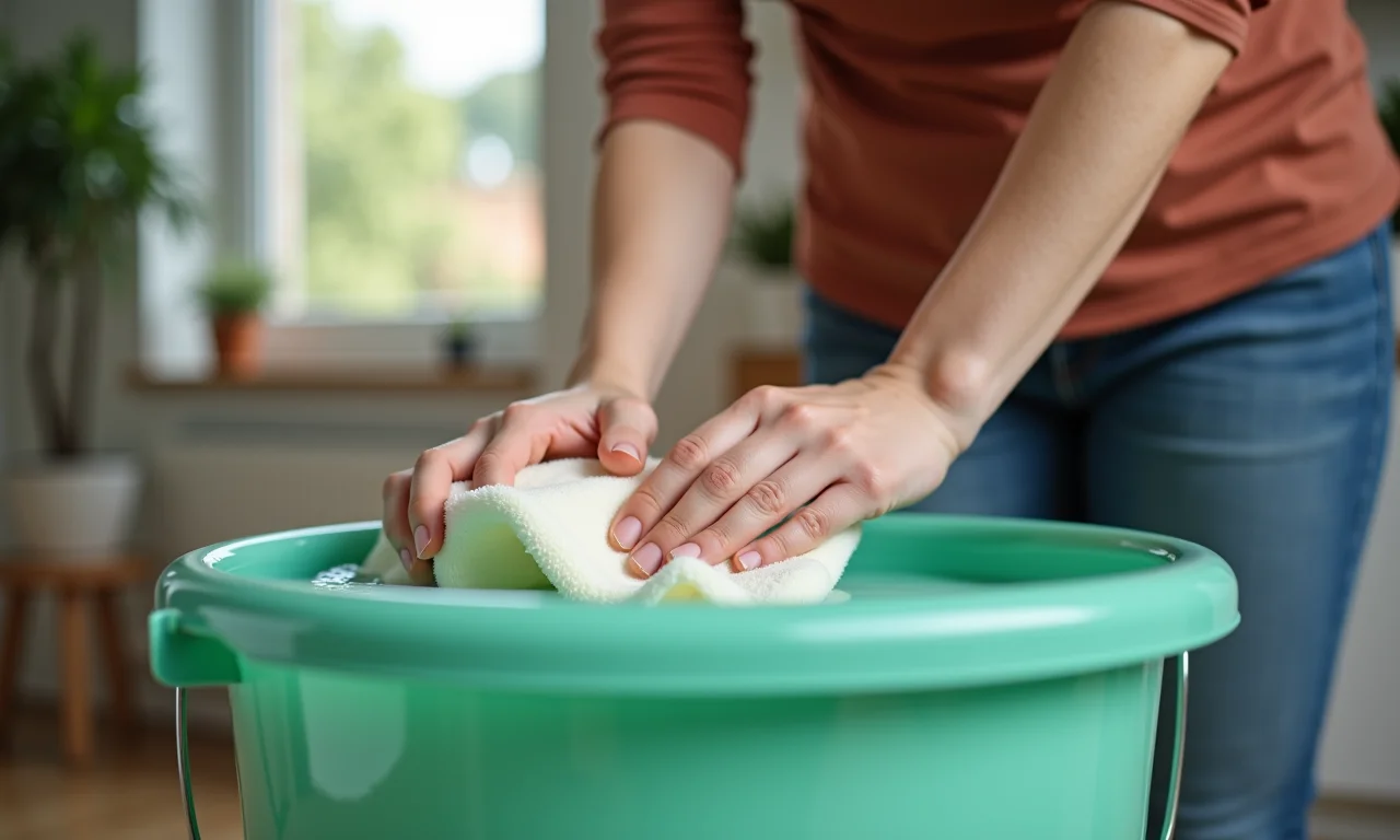 Mulher limpando puff de balde com pano macio.
