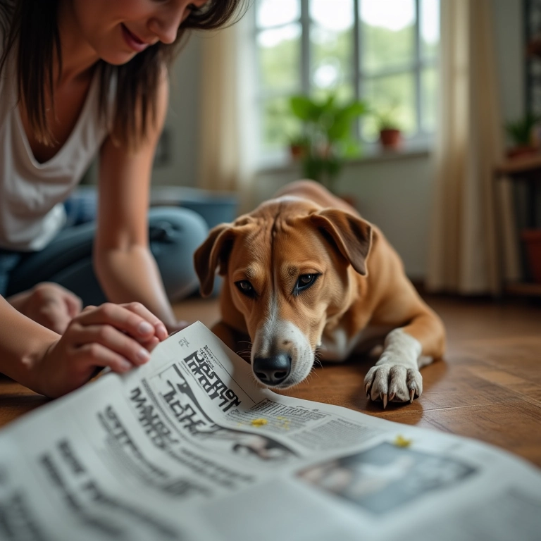 Mulher limpando xixi de cachorro fora do jornal