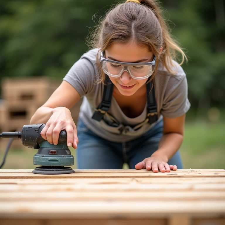 Mulher lixando pallet ao ar livre, preparando a madeira para se tornar uma sapateira.