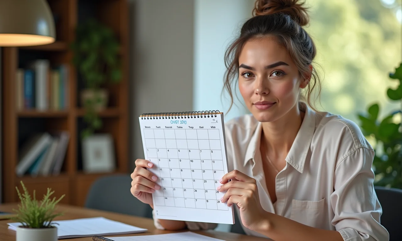 Mulher marcando dias de férias proporcionais no calendário.