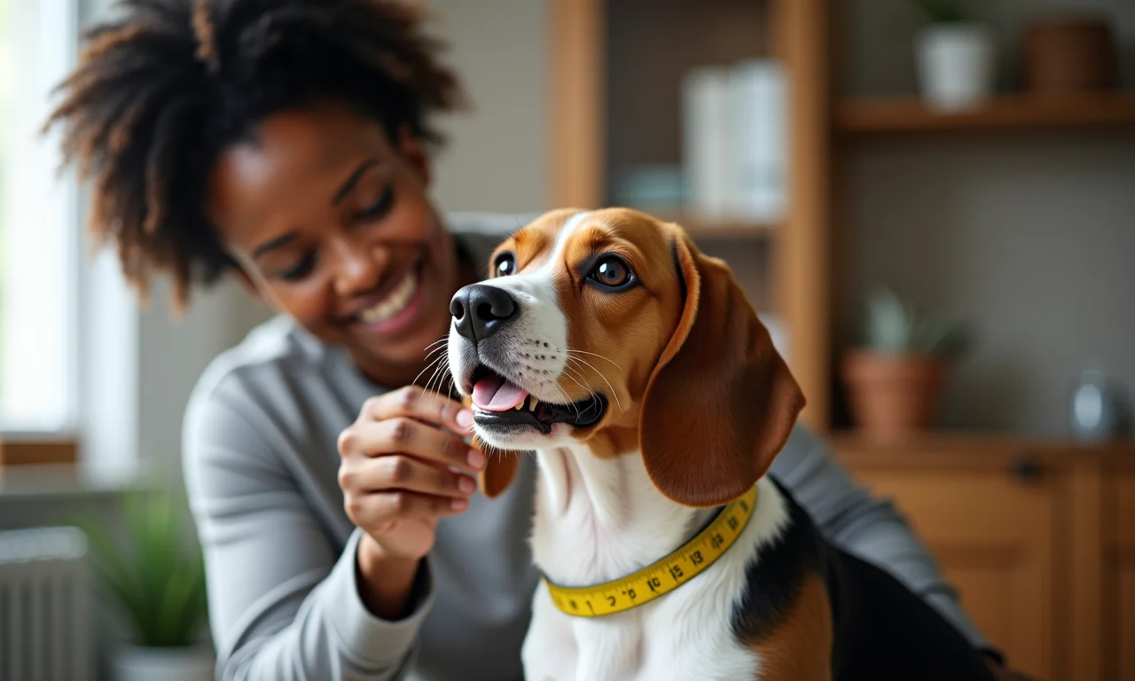 Mulher medindo a cabeça do cachorro para fazer um chapéu.