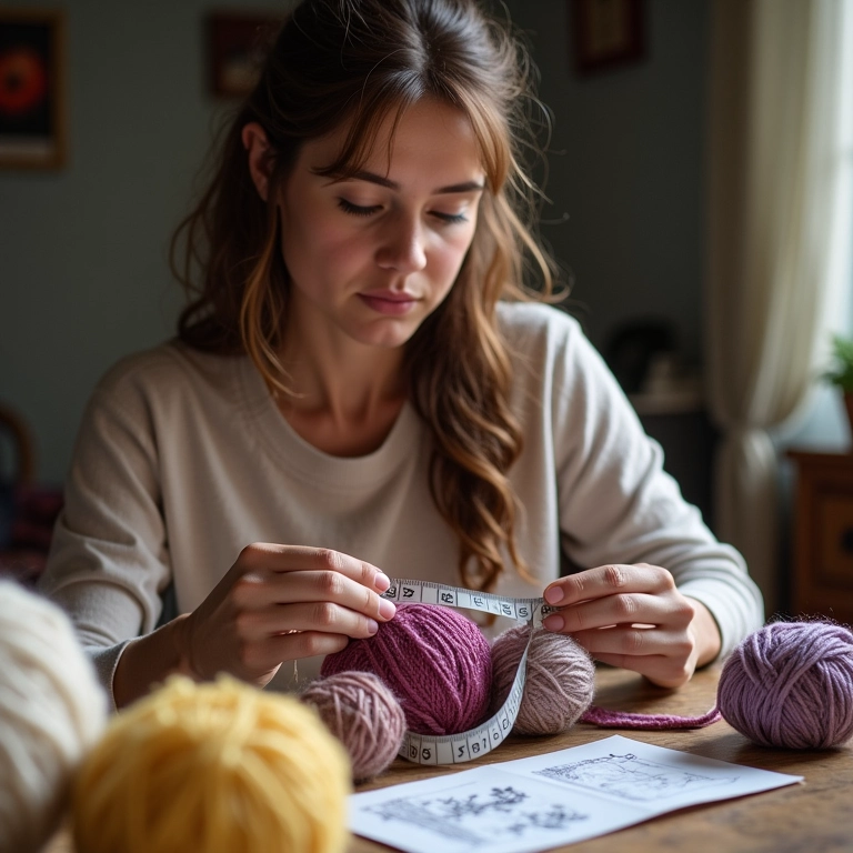Mulher medindo a quantidade de fio necessária para um vestido de tricô.