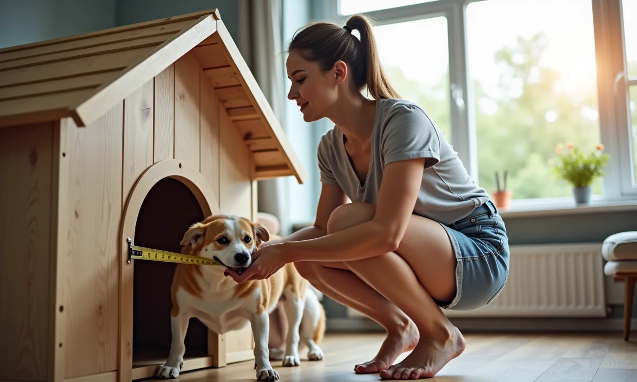 Mulher medindo cachorro para determinar tamanho ideal da casinha.