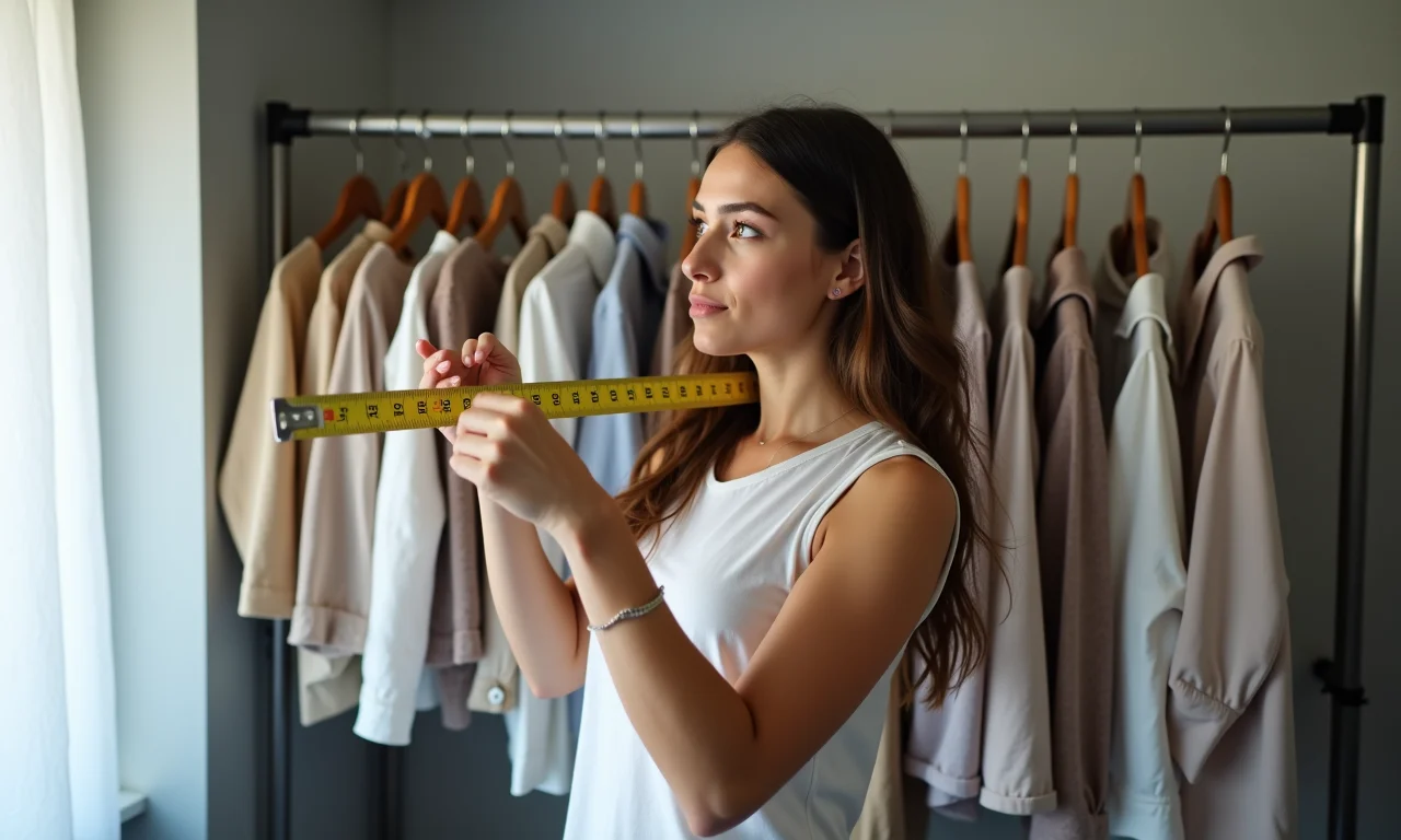 Mulher medindo espaço para arara, escolhendo o tamanho ideal.
