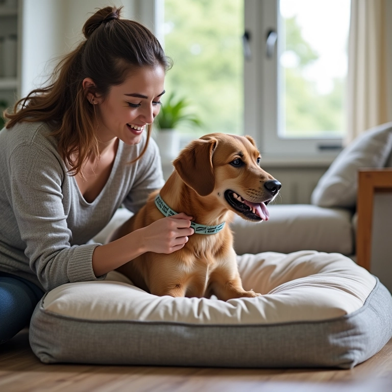 Mulher medindo seu cachorro para determinar o tamanho ideal da caminha.