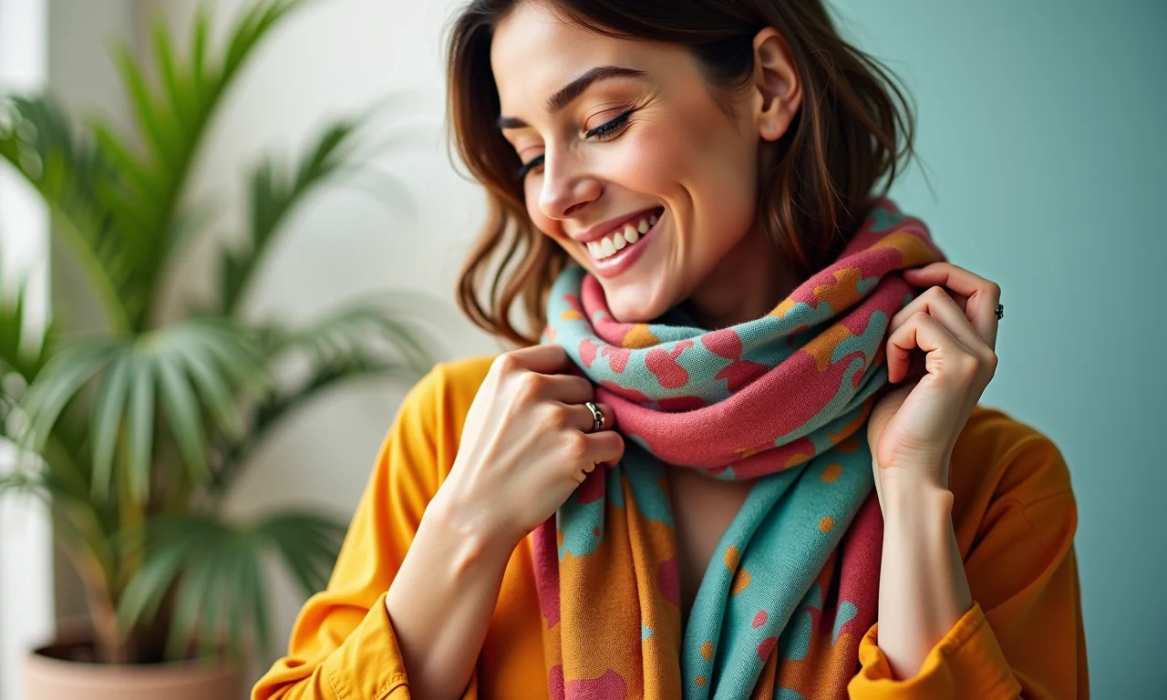 Mulher misturando roupas coloridas e lenços estampados, criando um look único.