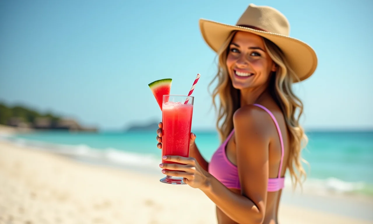 Mulher na praia bebendo suco refrescante de melancia.