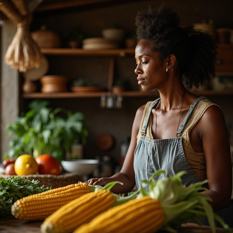 Mulher negra analisando espigas de milho em cozinha rústica.
