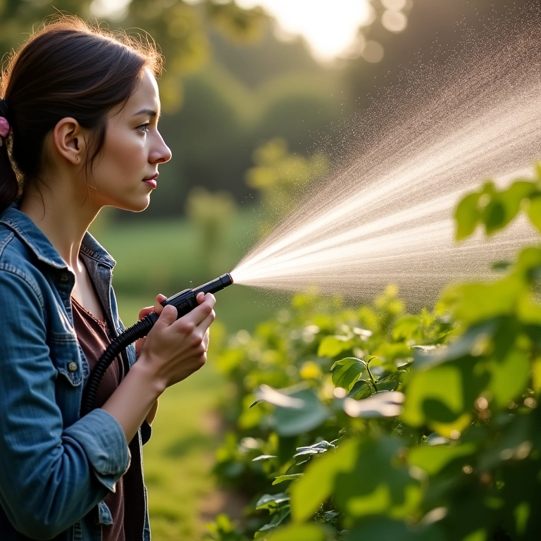 Mulher observando sistema de irrigação eficiente em sítio, com água irrigando plantas.