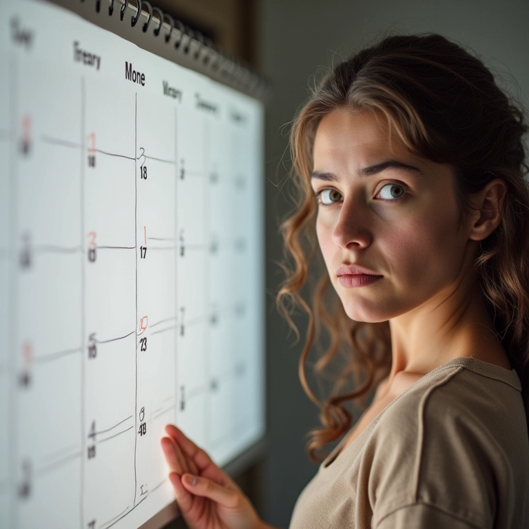 Mulher olhando para um calendário, com vários dias seguidos marcados.